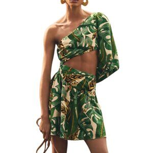 Farm Rio Tropical Leaves One-Shoulder Cutout Dress L Green Mini Anthropologie